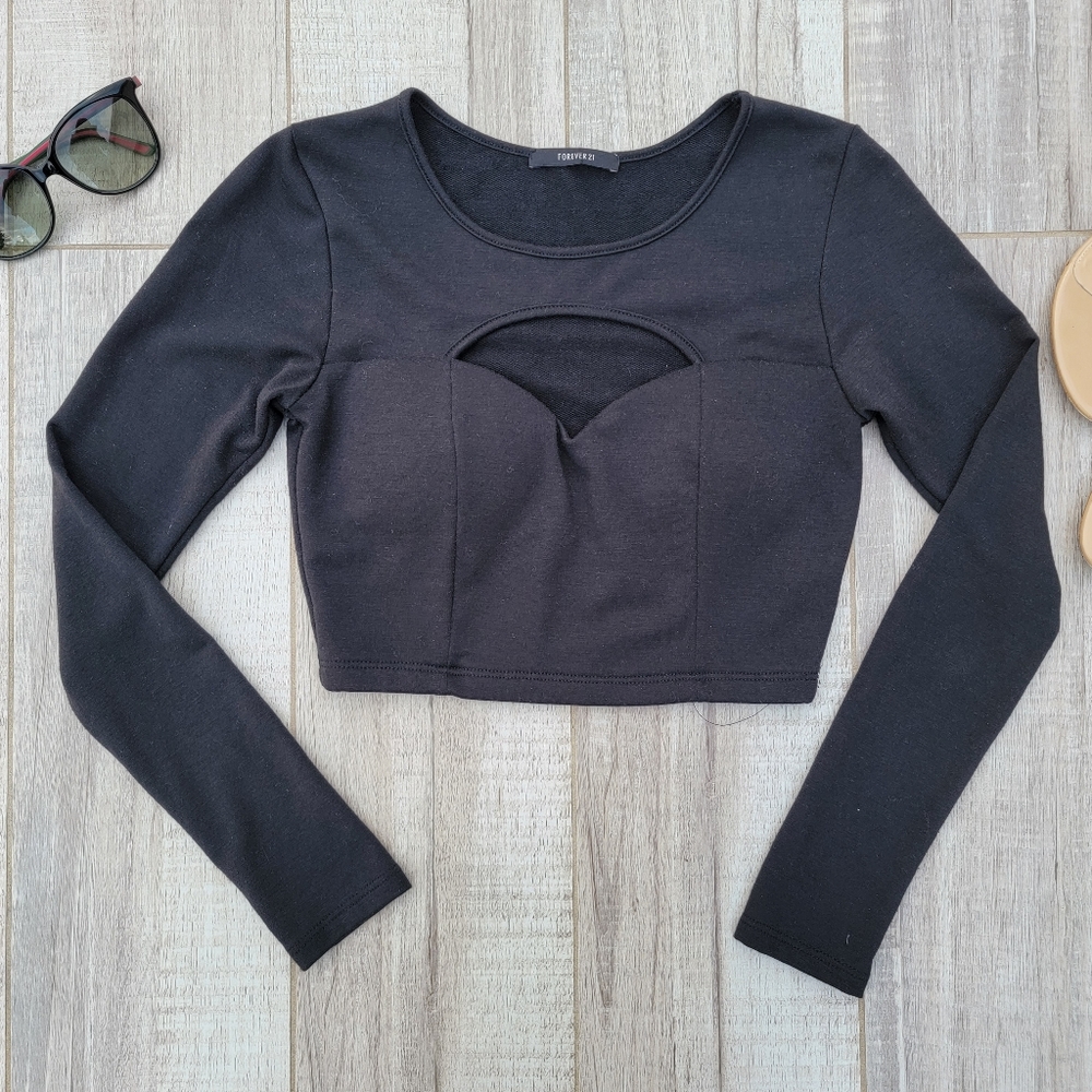 Forever 21 Black Long Sleeve Sweetheart Neck Line Cropped Top Size Small
